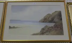 Coastal Landscape with Sailing Vessels by Reginald Daniel Sherrin, 1920, watercolour with gouache, sold Oct 2019