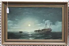 Edward Hoyer, Moonlit Maritime Scene with Sinking Ship and Rowing Boat, oil on canvas