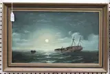 Edward Hoyer, Moonlit Maritime Scene with Sinking Ship and Rowing Boat, oil on canvas