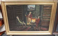 E. Larroque, Huntsmen relaxing in a Library in front of a Fire, oil on canvas