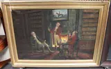 E. Larroque, Huntsmen relaxing in a Library in front of a Fire, oil on canvas