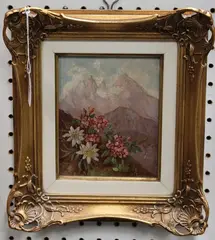 L. Wöhlke, Alpine Scene with Flowers, oil on board