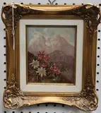 L. Wöhlke, Alpine Scene with Flowers, oil on board