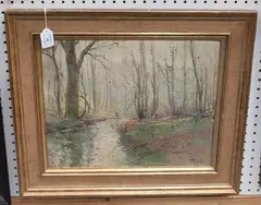 Theodore Feucht, Woodland Landscape with River, 1904, oil on card