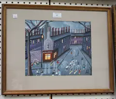 John Ormsby, Children playing outside a Fish and Chip Shop, oil on board