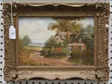 Peter Kotka, Figures in the Garden of a Thatched Cottage