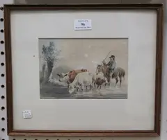 Peter le Cave, Cattle and Drover crossing a Ford, watercolour