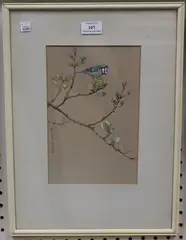 Roland Green, Blue Tit on a Branch, watercolour with gouache