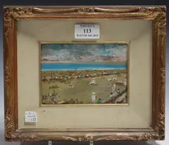 Busy Summer Beach Scene by Di Alviz, oil on board, sold Jul 2019