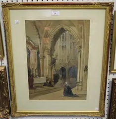 J. Nash, Church Interior with Figures, watercolour