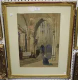 J. Nash, Church Interior with Figures, watercolour