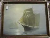 Roger Desoutter, Maritime Scene with Sailing Vessels on a Calm Sea, oil on board