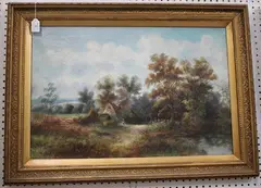 Arthur Rich, Landscape with Cottage, Trees, Figure and Pond, oil on canvas