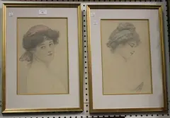 Charles Prosper Sainton, Portraits of Young Girls, a pair of late 19th/early 20th century pencils with watercolour