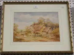 M.C. Tennant, Landscape with Thatched Cottage, Figures and Ducks, watercolour