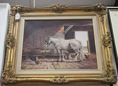 Donna Crawshaw, Horse and Chickens within a Stable, oil on canvas