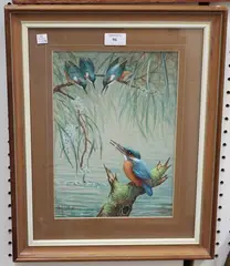 Kingfishers perched on Branches over a River by Marjorie Blamey, watercolour, sold Apr 2019