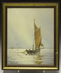Roger Desoutter, Fishing from a Leigh Bawley, 1978, oil on canvas-board