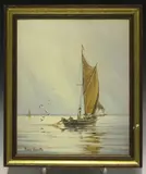 Roger Desoutter, Fishing from a Leigh Bawley, 1978, oil on canvas-board