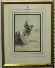 James Shaw Crompton, Bedouin Camp in the Desert with Arabs on Camelback, watercolour