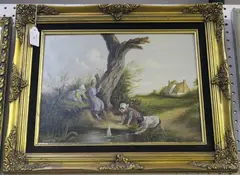 Bernard Page, Children on a Riverbank playing with a Toy Boat, oil on board