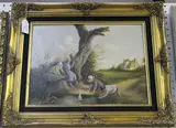 Bernard Page, Children on a Riverbank playing with a Toy Boat, oil on board