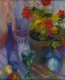 Liz Knutt, Still Life with Flowers, Fruit, Clock and Glassware, oil on board