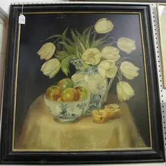 Mimi Roberts, Still Life of Tulips in a Jug on a Table, with a Bowl of Apples, oil on board