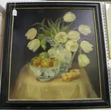 Mimi Roberts, Still Life of Tulips in a Jug on a Table, with a Bowl of Apples, oil on board