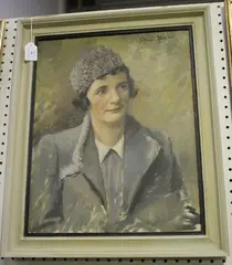 Stuart Fletcher, Portrait of a Lady wearing a Hat and Coat, oil on canvas