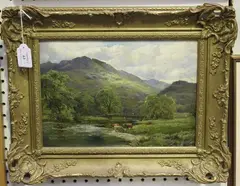 James Henry Crossland, Highland Landscape with Cattle watering near a Bridge, oil on board
