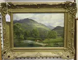 James Henry Crossland, Highland Landscape with Cattle watering near a Bridge, oil on board