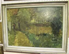 Geoffrey Bargery, Park Scene with Fence and Trees, oil on board
