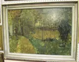 Geoffrey Bargery, Park Scene with Fence and Trees, oil on board
