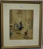 Lucius Rossi, Interior Scene with Three Figures, watercolour