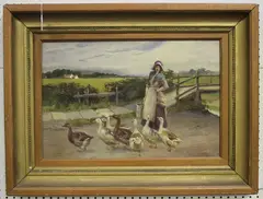 Agnes L. Atkinson, Rustic Scene with Woman feeding Geese, a Bridge and Fields beyond, oil on canvas