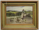 Agnes L. Atkinson, Rustic Scene with Woman feeding Geese, a Bridge and Fields beyond, oil on canvas