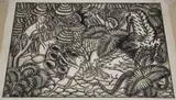 Ida Bagus Made Widja, Jungle Scene with Animals and Figures, ink with watercolour