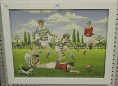 Fred Aris, Five Boys and a Dog on a Rugby Field, oil on board