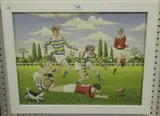 Fred Aris, Five Boys and a Dog on a Rugby Field, oil on board