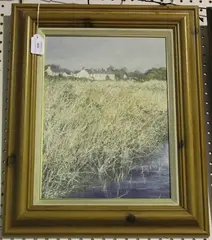 David Dyer, Wetland Landscape with Distant Cottages, oil on board