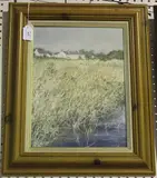 David Dyer, Wetland Landscape with Distant Cottages, oil on board