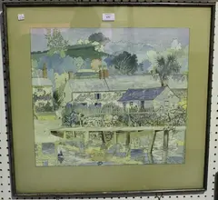 Mary Oldham, Cottages at the Water's Edge, 1933, watercolour and ink