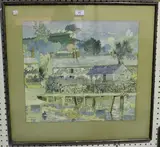 Mary Oldham, Cottages at the Water's Edge, 1933, watercolour and ink