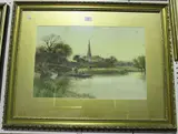Henry Charles Fox, River Landscape with Punt and Bridge, a Cathedral beyond