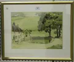 Veronica Burleigh, View of the Shepherd and Dog Pub, Fulking, with the South Downs beyond, watercolour