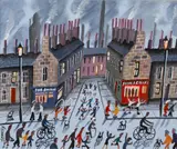 John Ormsby, Northern Street Scene with Children playing outside Shops, acrylic on board