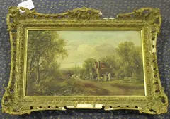 Henry Harris, Stagecoach approaching an Inn, oil on canvas