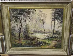 Artist at an Easel within a Wooded Landscape by Louis Montaigu, oil on board, sold Oct 2018
