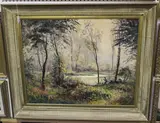 Louis Montaigu, Artist at an Easel within a Wooded Landscape, oil on board